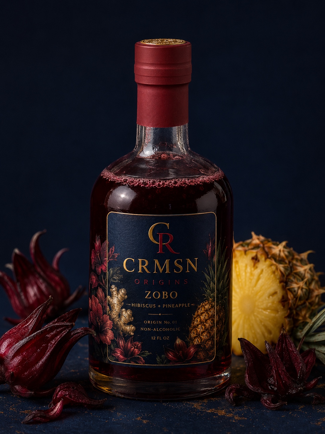 CRMSN Origins Zobo bottle with hibiscus and pineapple